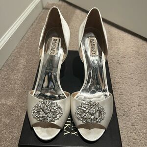 Badgley Mischka open toed white satin heel with embellishment